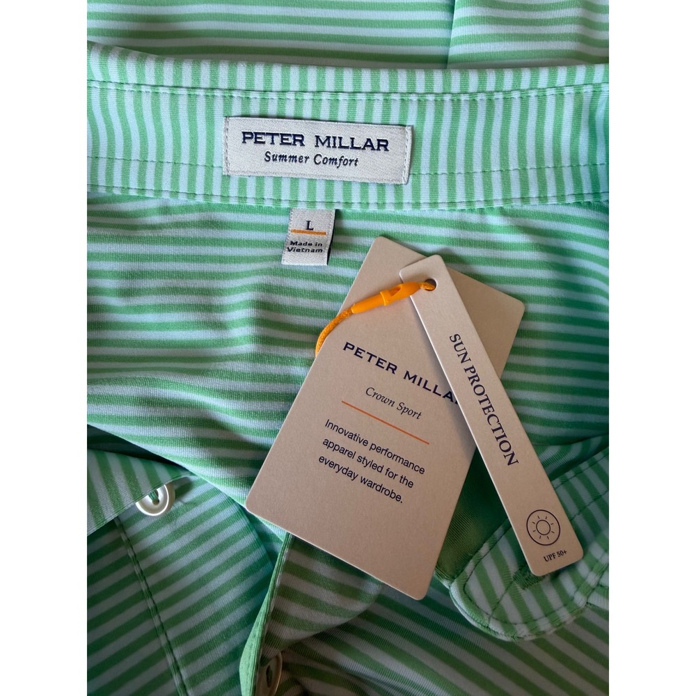NWT Peter Millar Crown Sport Summer Comfort Polo L Green Stripe Golf UPF 50 - Picture 5 of 5